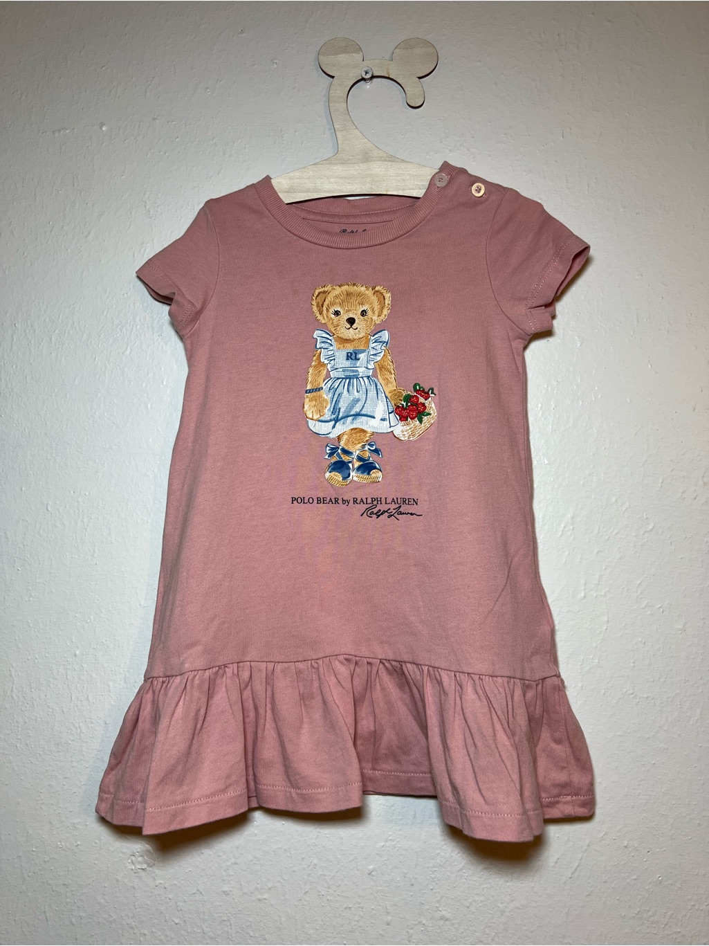 Ralph Lauren Dusty Pink Polo Bear Ruffle-Hem Dress Size 9 Months